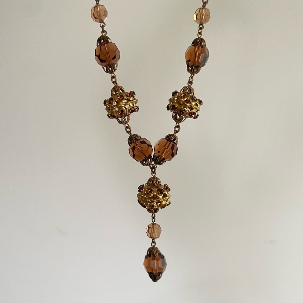 Vintage Czech glass topaz crystal filigree Y Necklace